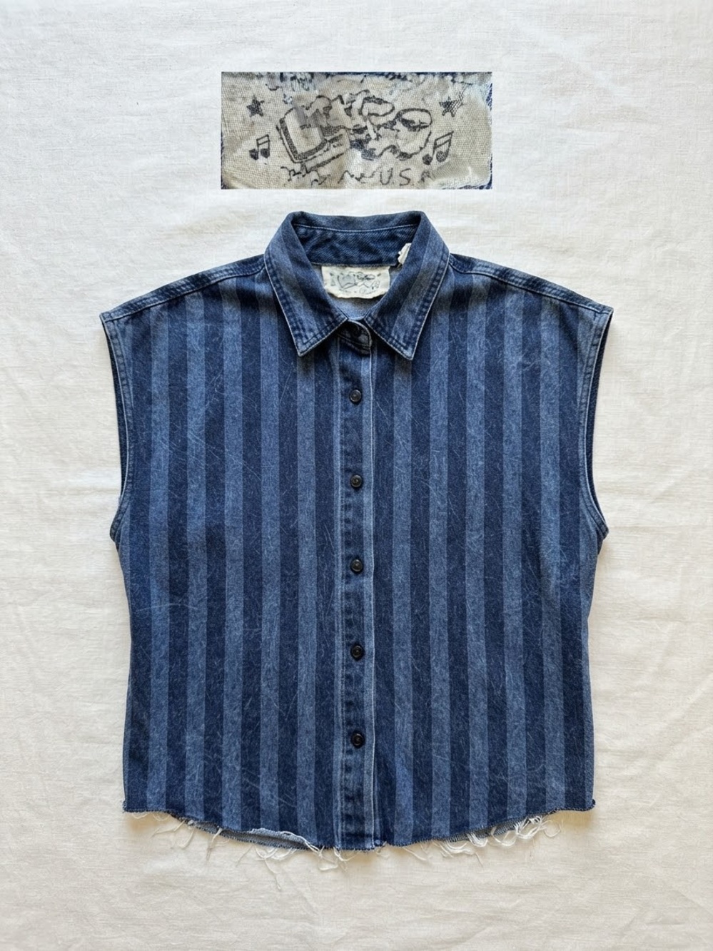 Vintage 80s 90s Gene Montesano for Bongo Striped Denim Sleeveless Button Up Top